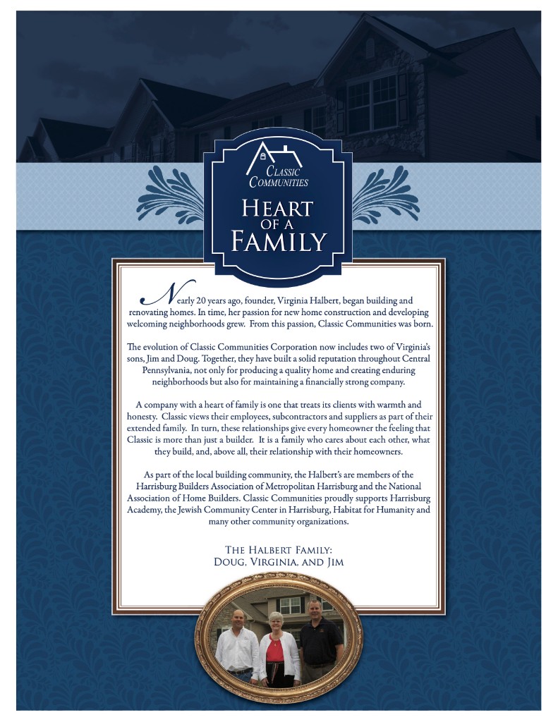 Classic Communities “Heart of a Family” flyer telling the story of founder Virginia Halbert and her sons Jim and Doug, with a framed photo of the Halbert family at the bottom